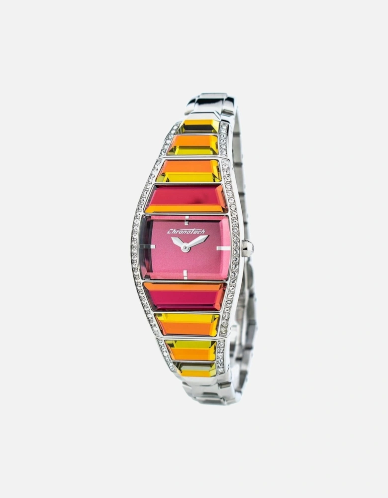 Quartz Steel Analogue Watch with Red Dial Women - Silver Watches