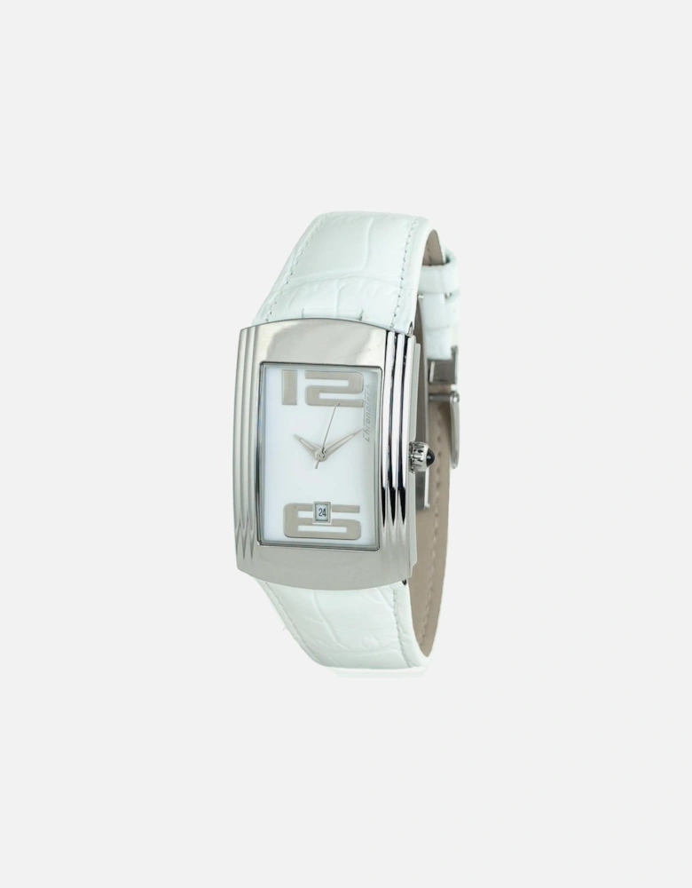 Steel Case Quartz Analog Watch with Leather Bracelet Women - White