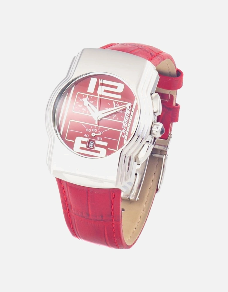 Steel Case Quartz Analog Watch with Leather Bracelet Unisex - Red