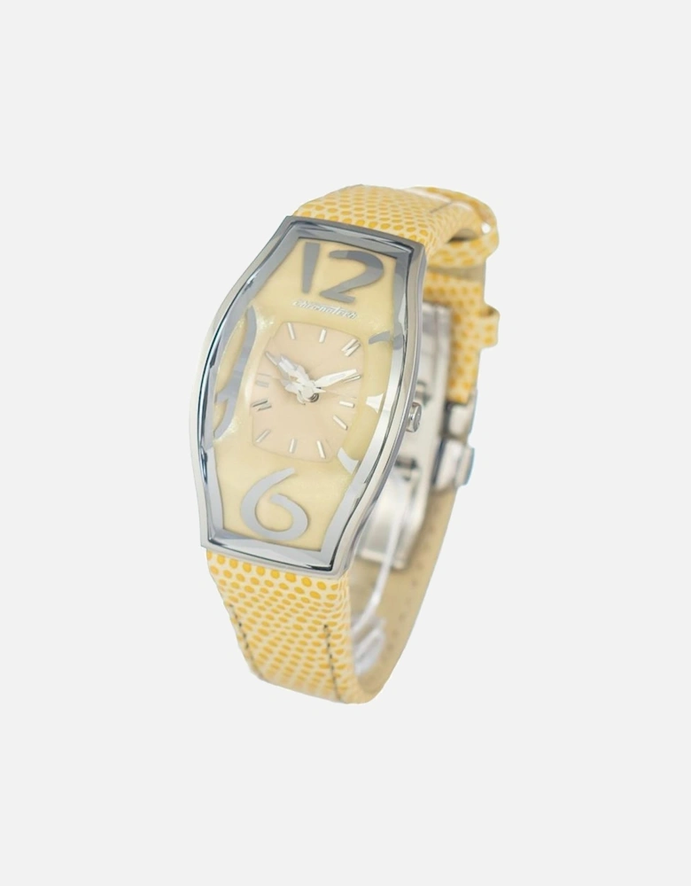 Quartz Steel Case Leather Bracelet Analog Watch Women - Yellow Watches