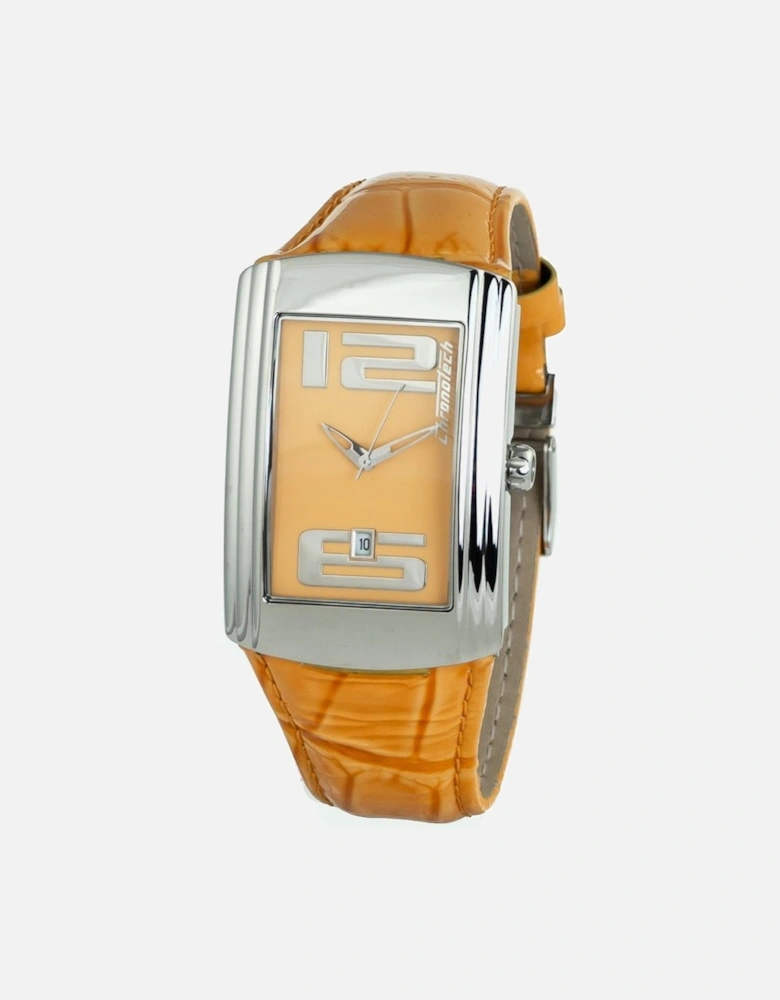 Steel Case Quartz Analog Watch with Leather Bracelet Unisex - Orange