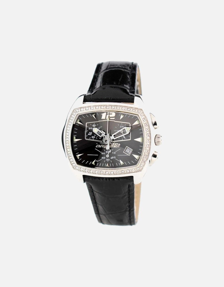 Quartz Analogue Steel Case Leather Bracelet Watch Women - Black