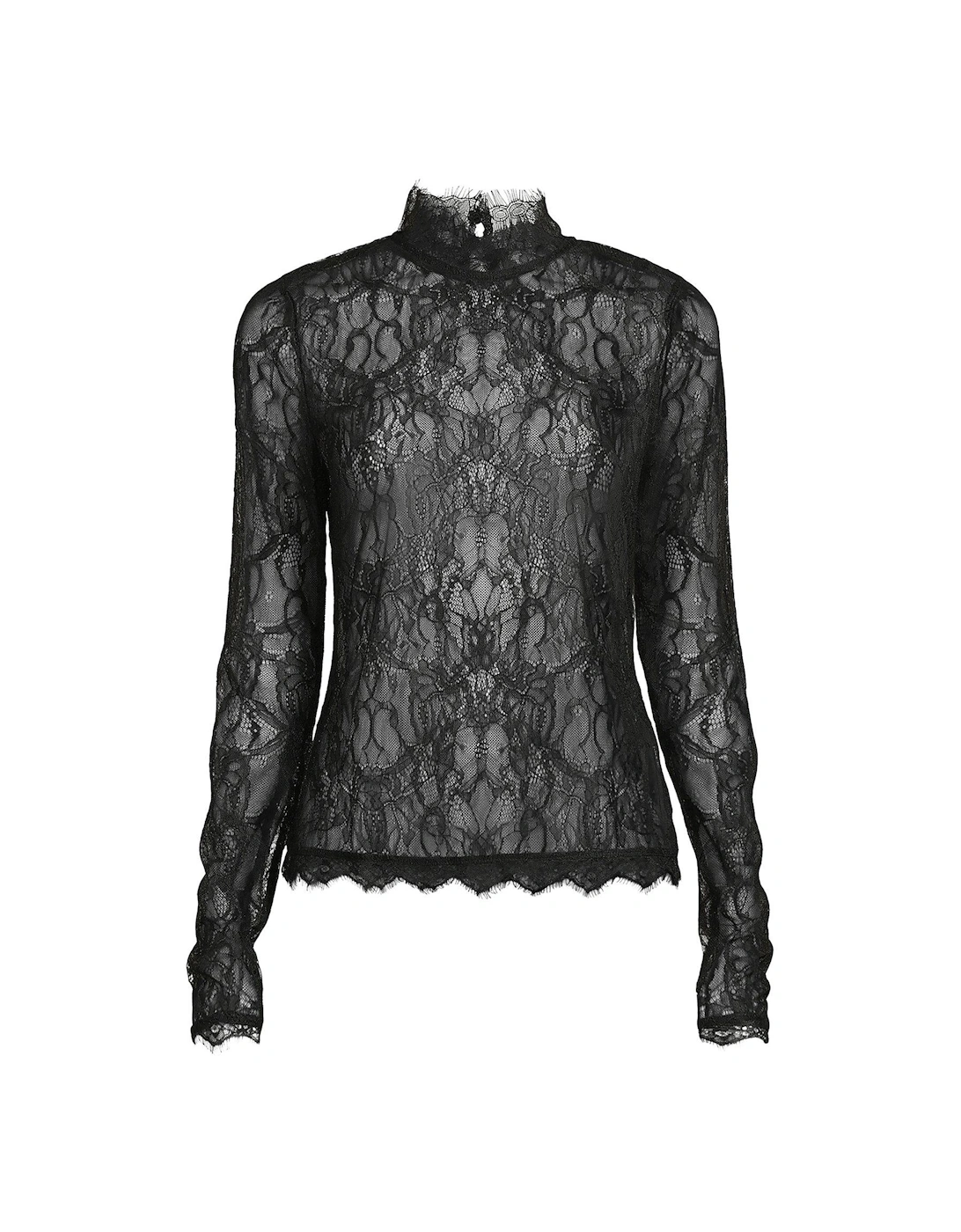 Co-Ord Lace High Neck Long Sleeve Top - Black