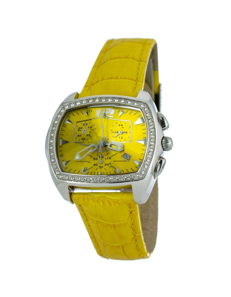 Steel Case Quartz Analog Watch with Leather Bracelet Women - Yellow