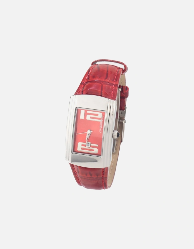 Steel Case Quartz Analog Leather Strap Watch Women - Red Watches