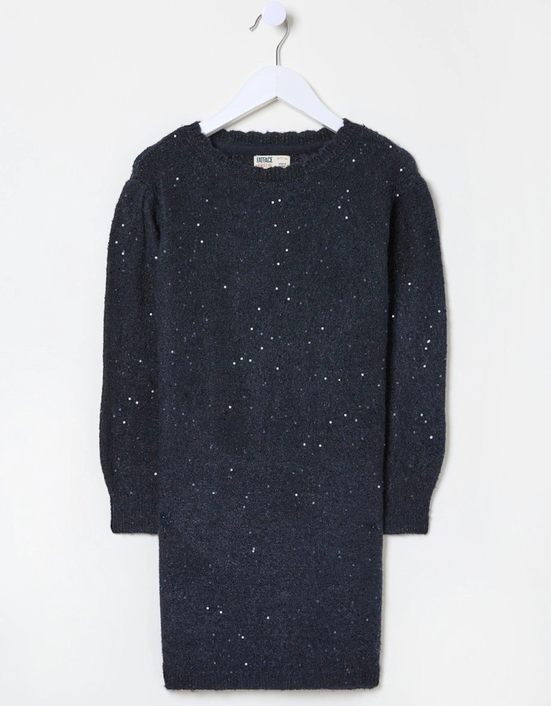 Girls Sequin Knitted Dress - Navy