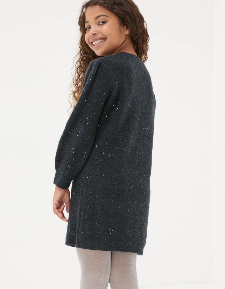 Girls Sequin Knitted Dress - Navy