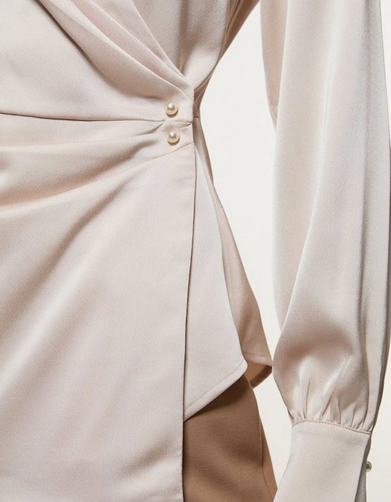 Satin Back Crepe Pearl Detail Wrap Blouse
