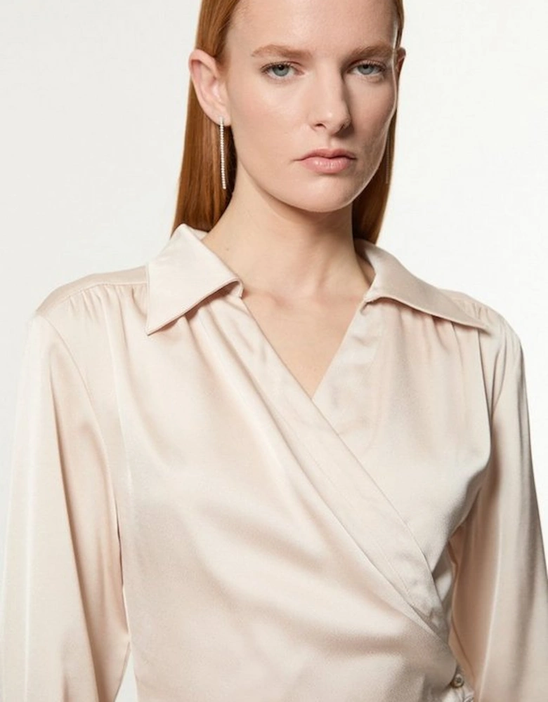 Petite Satin Back Crepe Pearl Detail Wrap Blouse