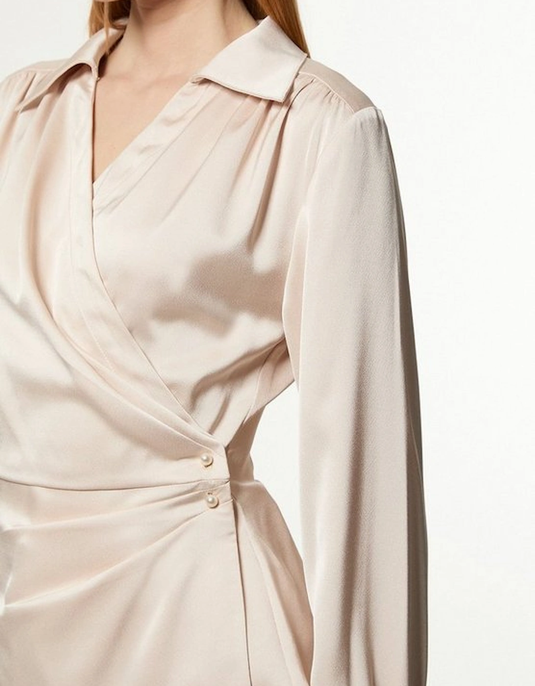 Petite Satin Back Crepe Pearl Detail Wrap Blouse