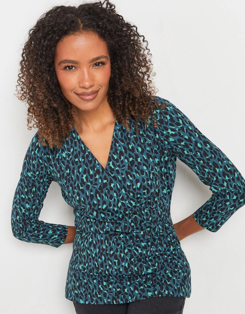 Animal Print 3/4 Sleeve Wrap Top - Blue