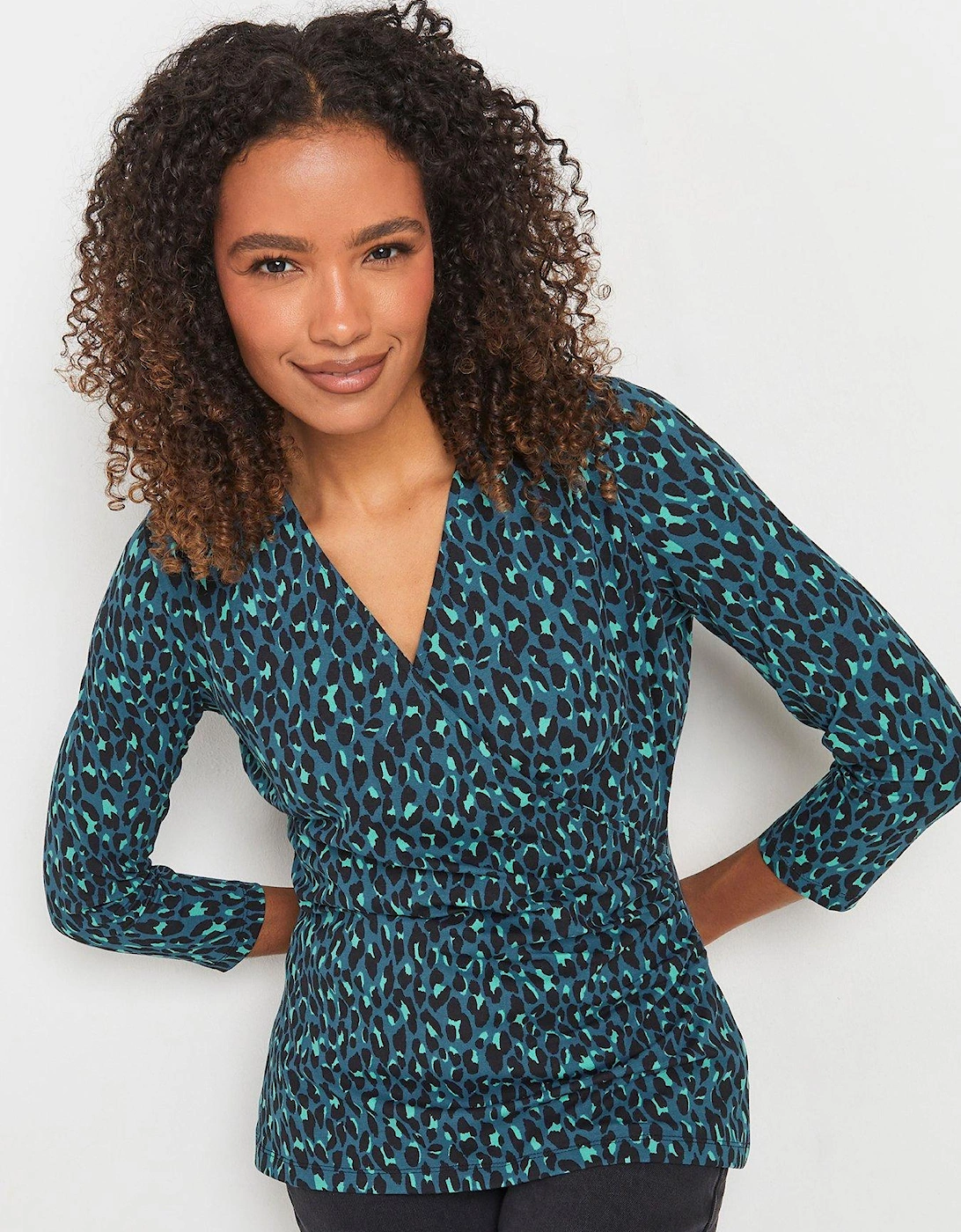 Animal Print 3/4 Sleeve Wrap Top - Blue, 2 of 1