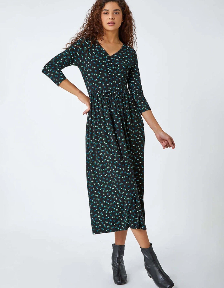 Ditsy Print Pocket Midi Stretch Dress - Black