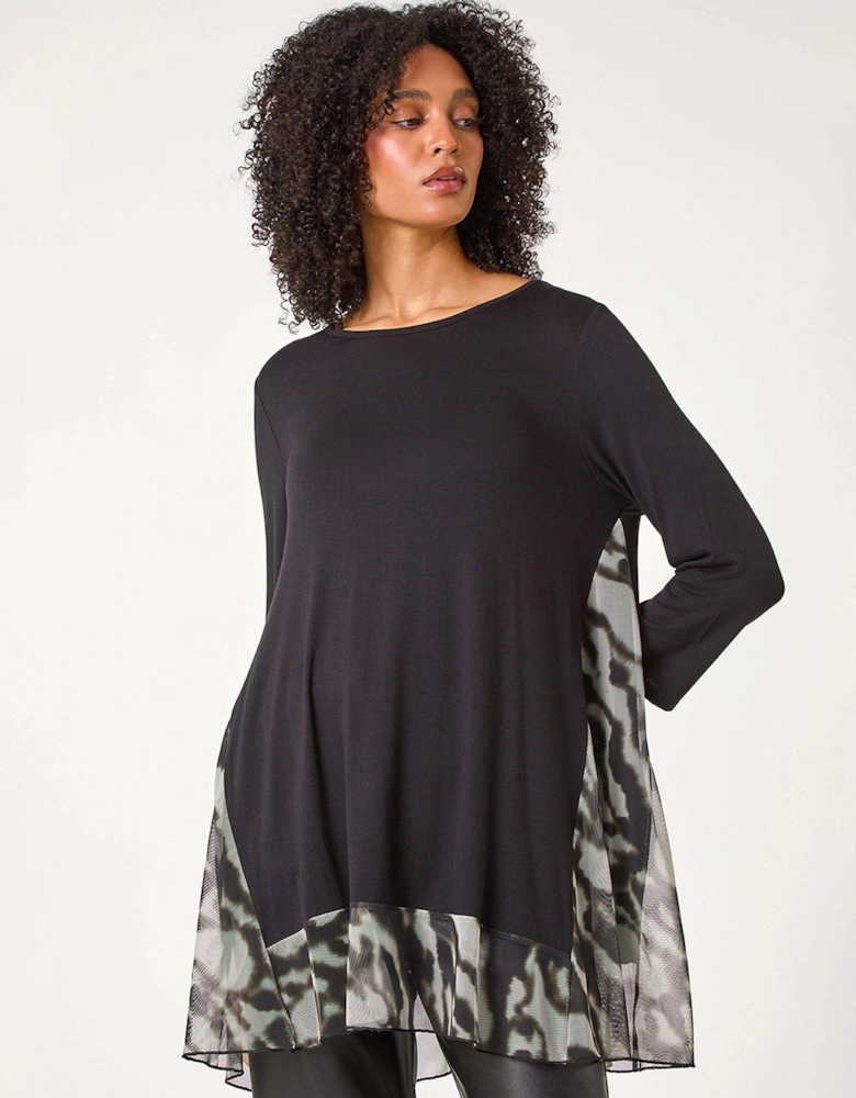 Abstract Contrast Mesh Stretch Tunic - Grey