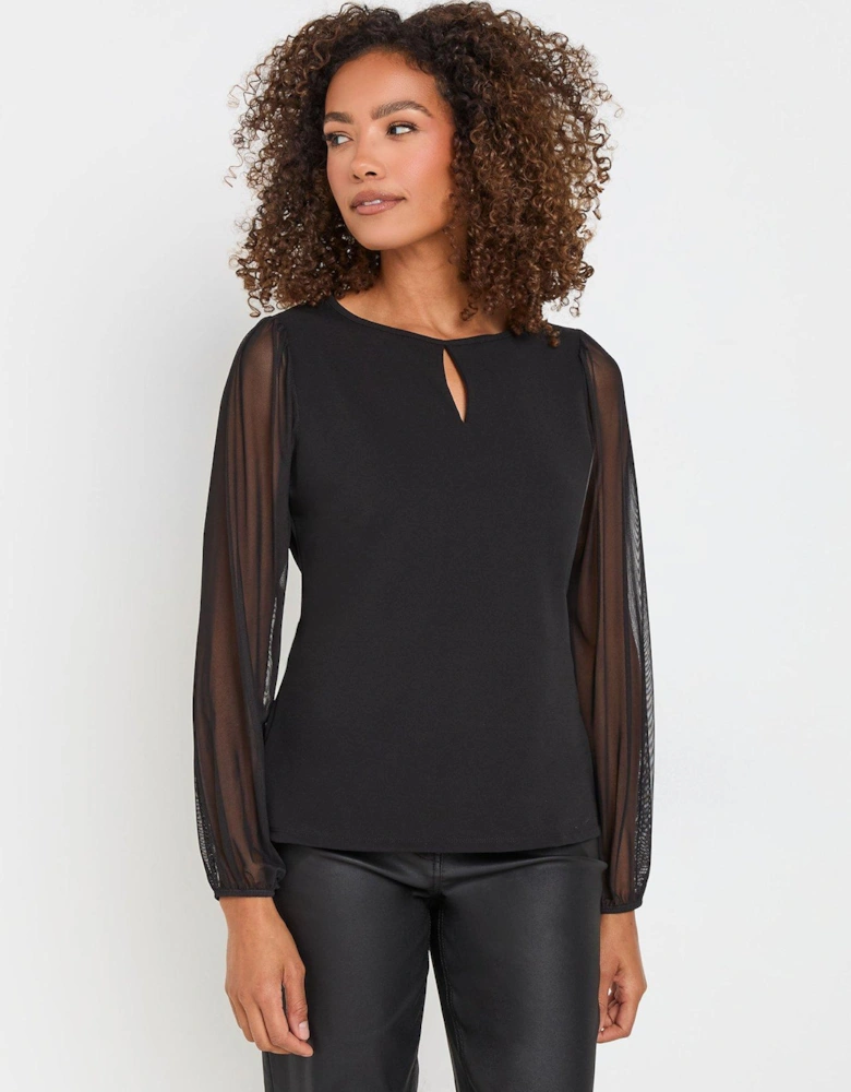 Notch Neck Scuba Crepe Mesh Top - Black