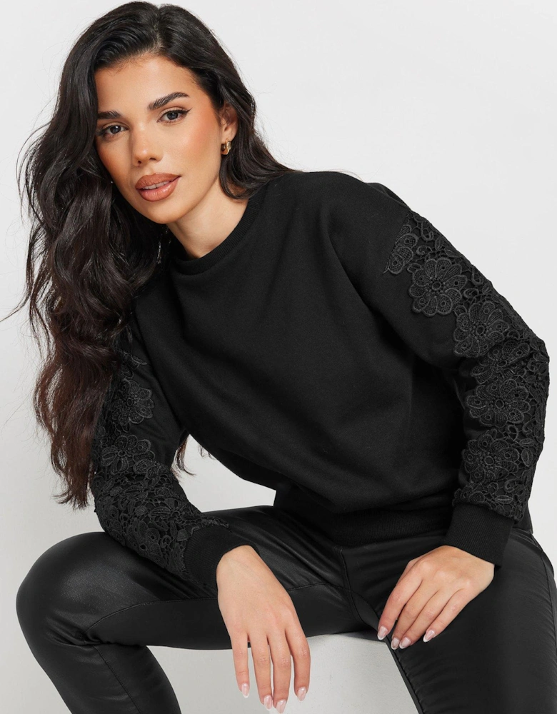 Petite Crochet Sleeve Sweatshirt - Black