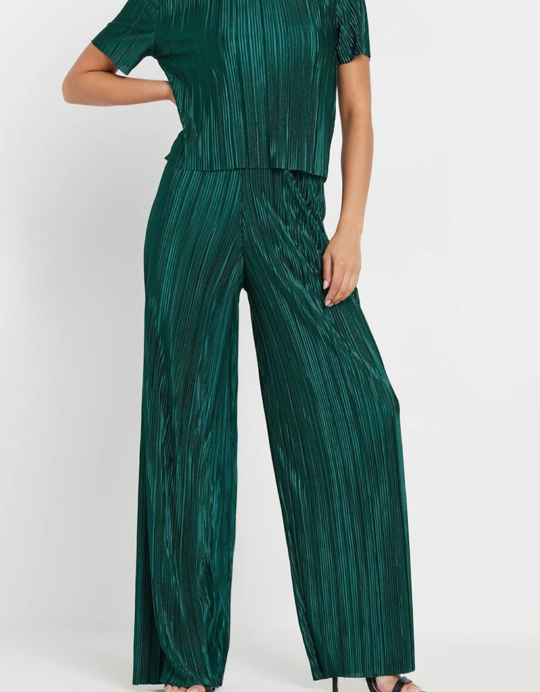 Petite Wide Leg Plisse Trouser - Green