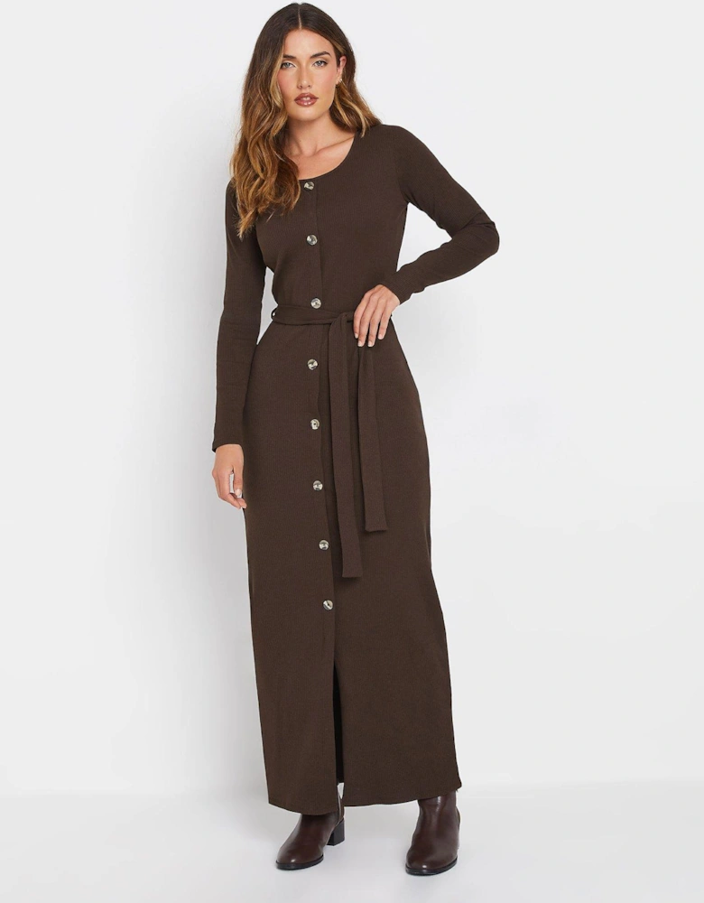 Tall Long Sleeve Ribbed Button Maxi Dress - Brown