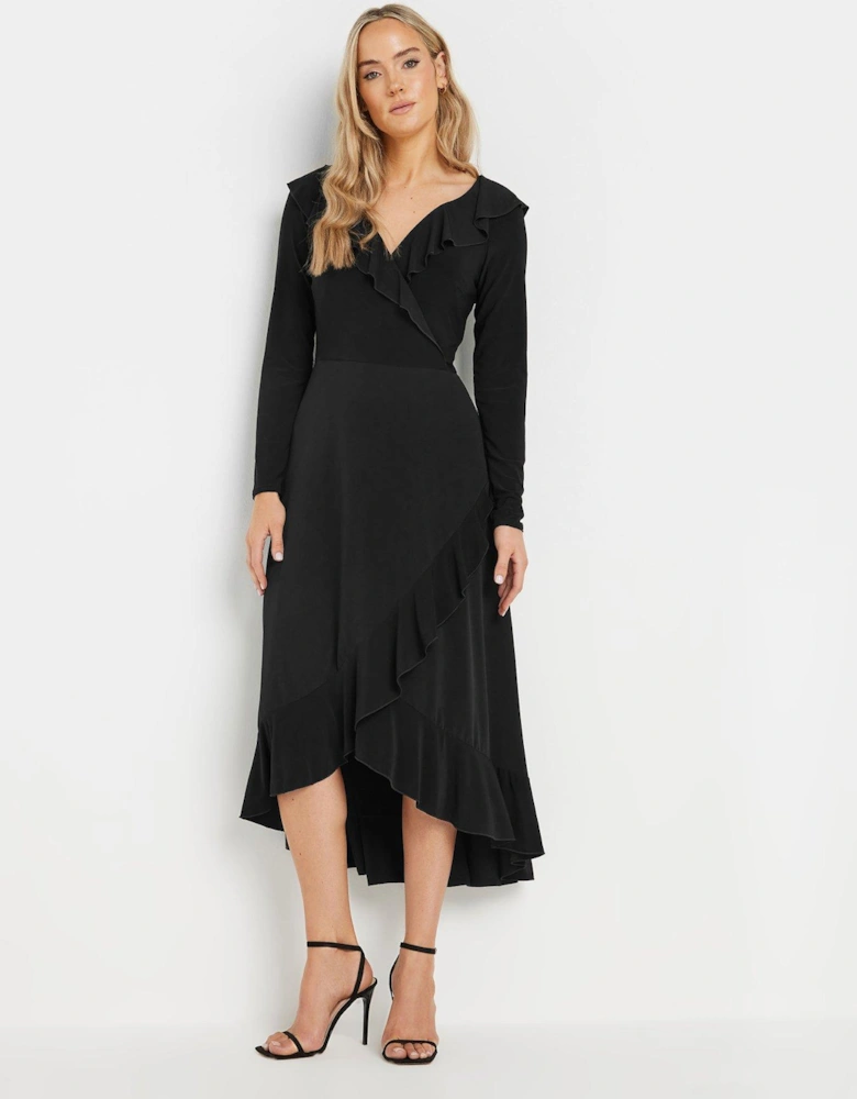 Tall Long Sleeve Frill Midi Dress - Black