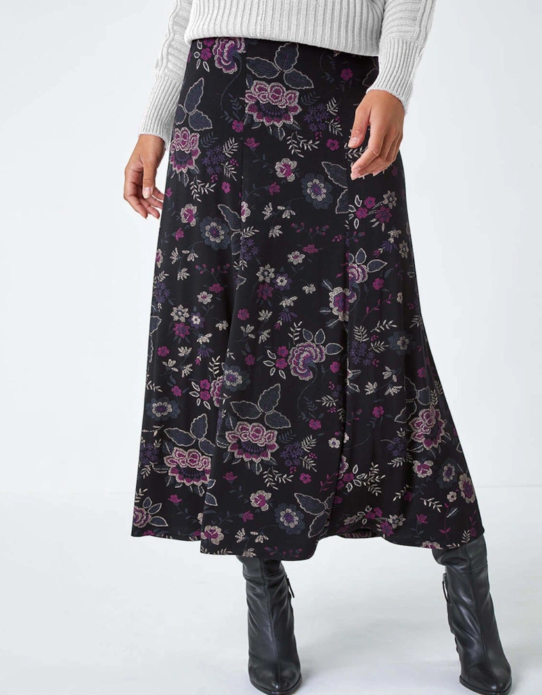 Floral Print Midi Elastic Waist Stretch Skirt - Black