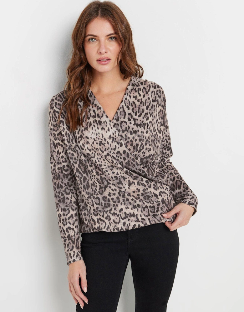 Animal Print Wrap Top - Brown