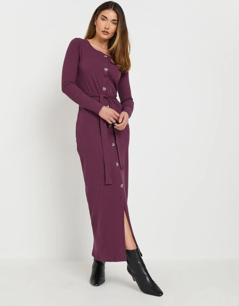 Tall Long Sleeve Ribbed Button Maxi Dress - Red