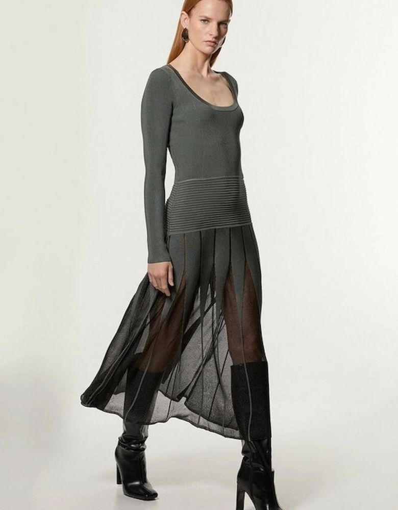 Slinky Knit Scooped Neck Sheer Detail Maxi Dress