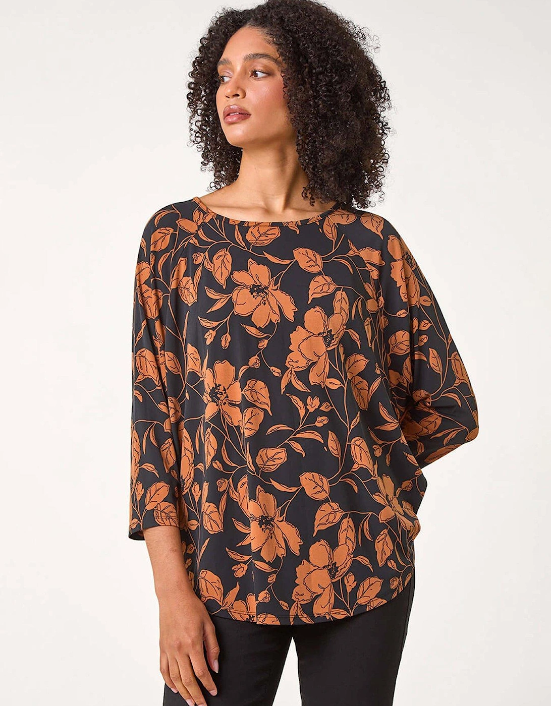 Leaf Print Raglan Sleeve Stretch Top - Tan, 2 of 1