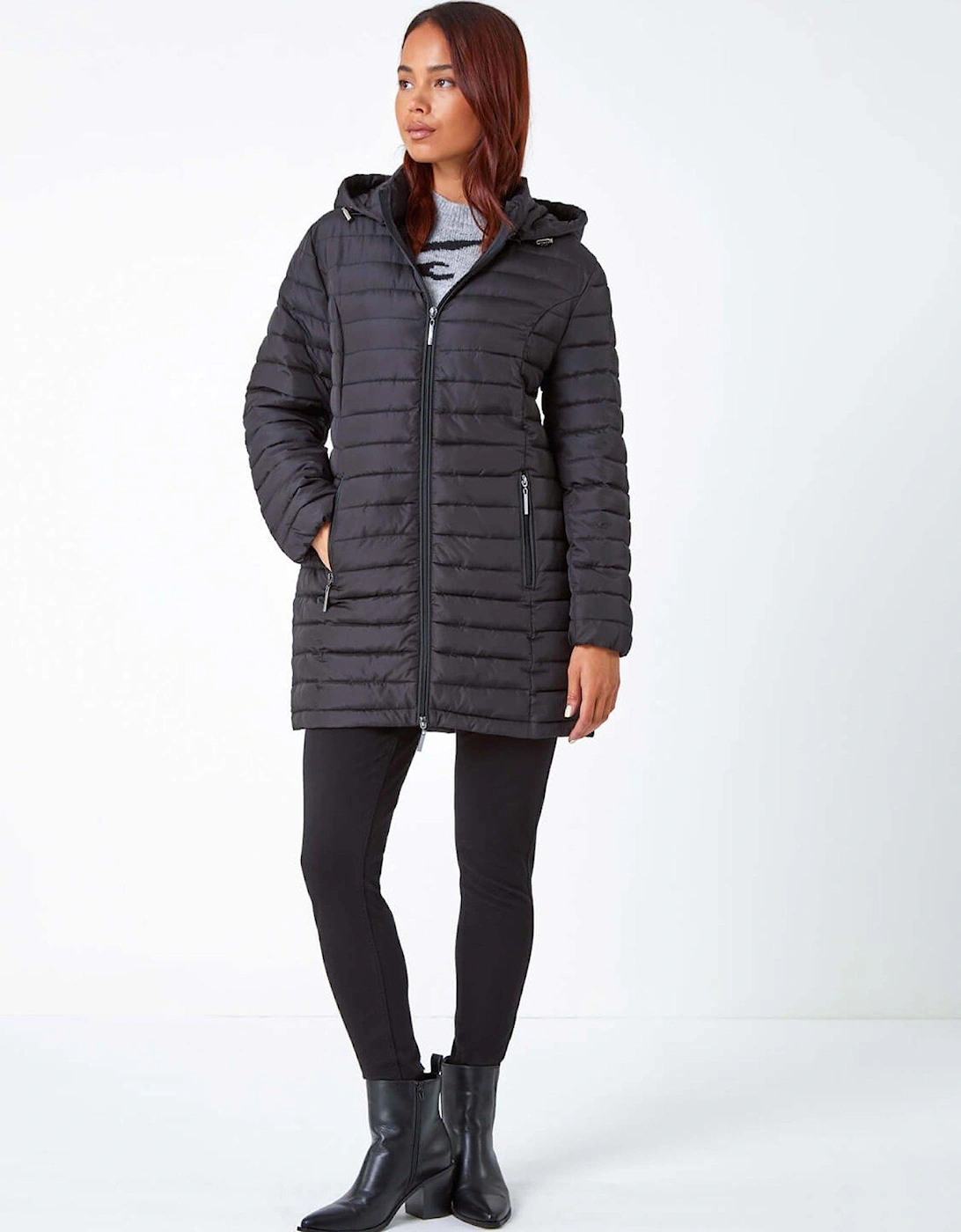 Petite Quilted Longline Padded Coat - Black, 2 of 1