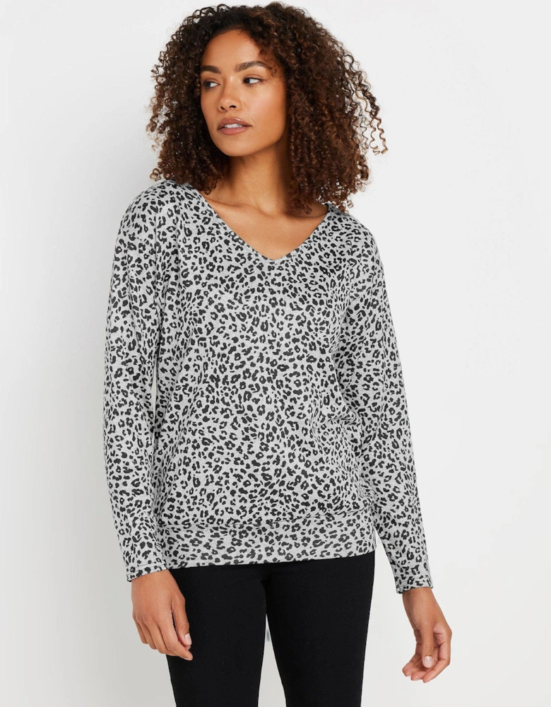 Leopard Print V-Neck Long Sleeve Top - Grey