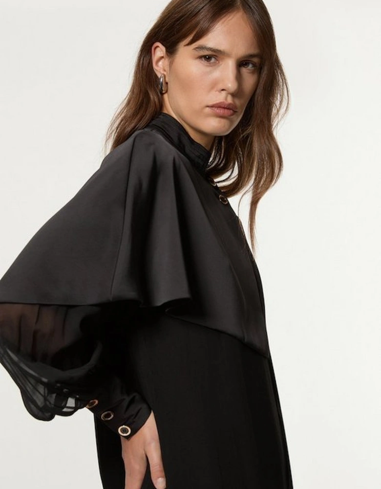 Petite Military Sheer Cape Detail Woven Midi Dress