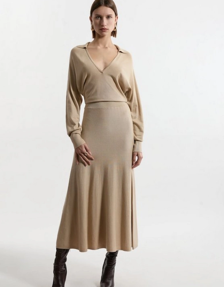 Viscose Blend Collared Bat Wing Knitted Midi Dress