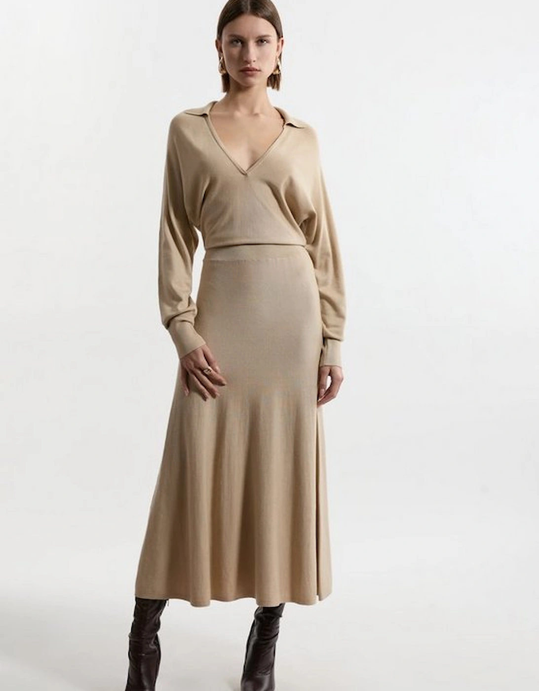 Viscose Blend Collared Bat Wing Knitted Midi Dress, 5 of 4