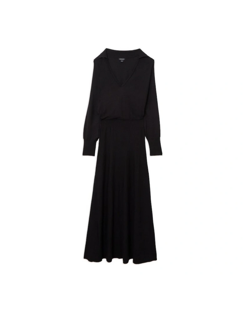 Viscose Blend Collared Bat Wing Knitted Midi Dress