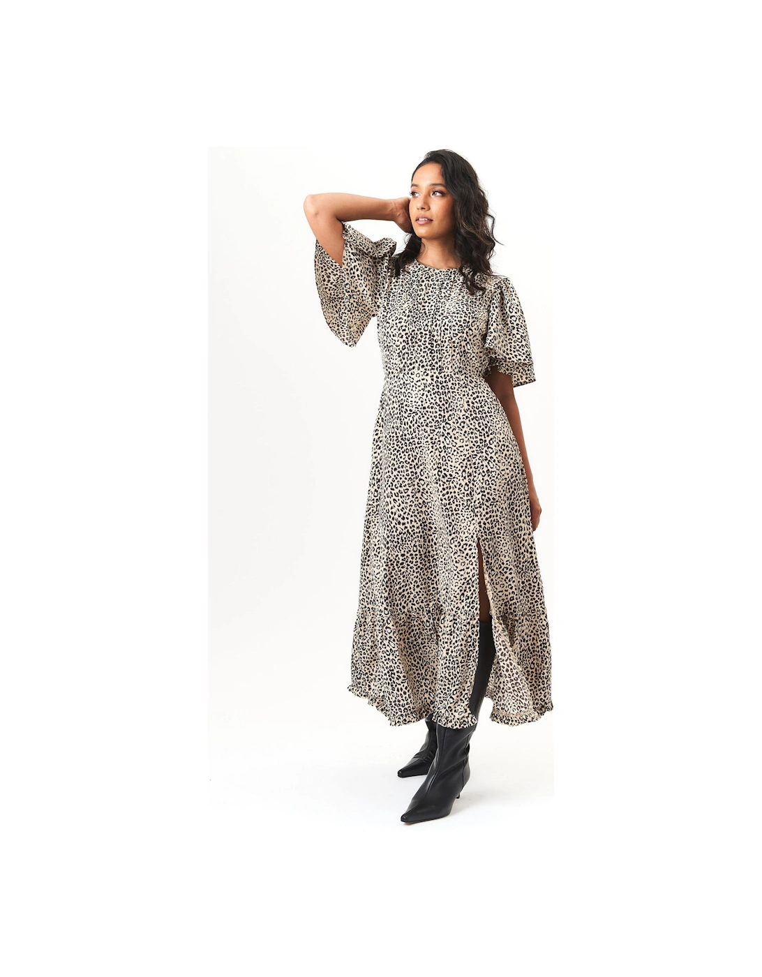 Beige Animal Print Angel Sleeves Midi Dress, 5 of 4