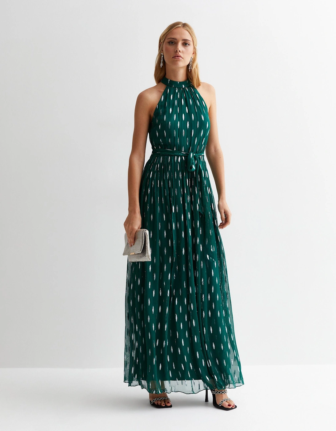 Green Jacquard Halter Neck Maxi Dress