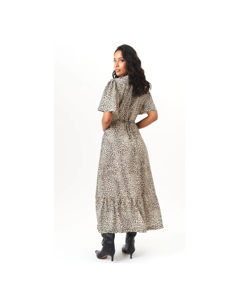 Beige Animal Print Angel Sleeves Midi Dress