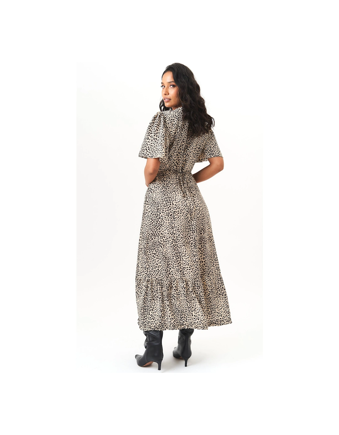 Beige Animal Print Angel Sleeves Midi Dress