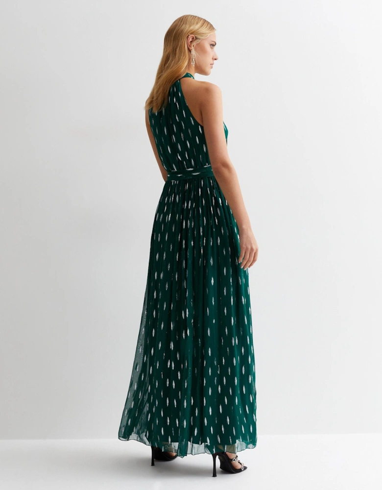 Green Jacquard Halter Neck Maxi Dress