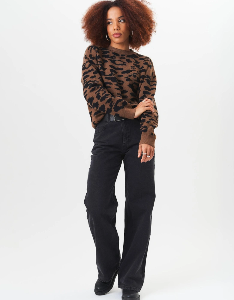 Chocolate Animal Print Crew Neck Knit Jumper