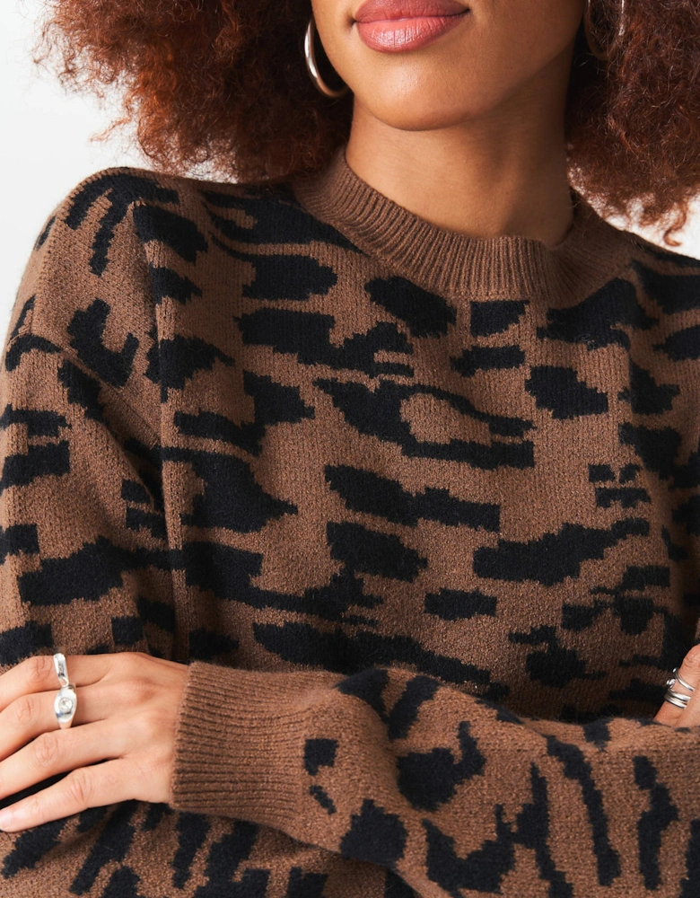 Chocolate Animal Print Crew Neck Knit Jumper