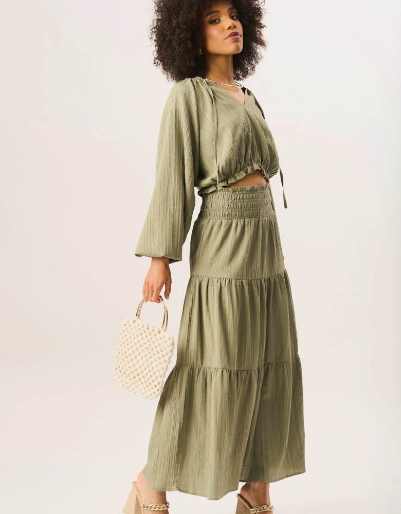 Khaki Smocked Tiered Maxi Skirt