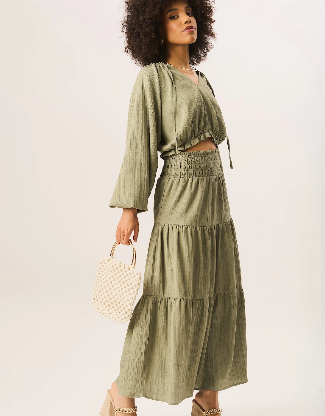 Khaki Smocked Tiered Maxi Skirt