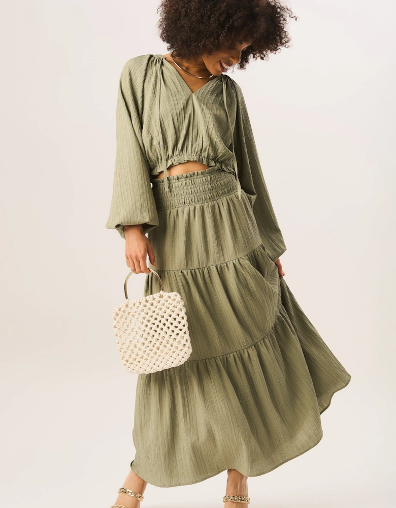 Khaki Smocked Tiered Maxi Skirt