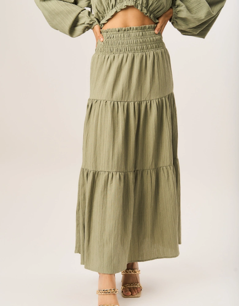 Khaki Smocked Tiered Maxi Skirt