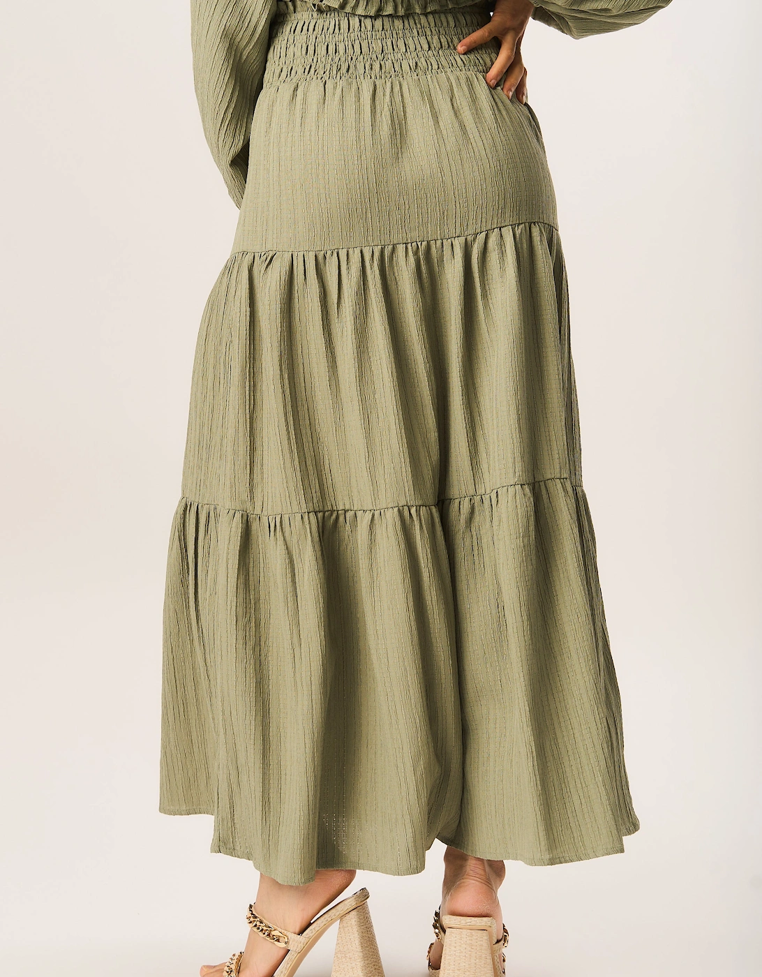 Khaki Smocked Tiered Maxi Skirt