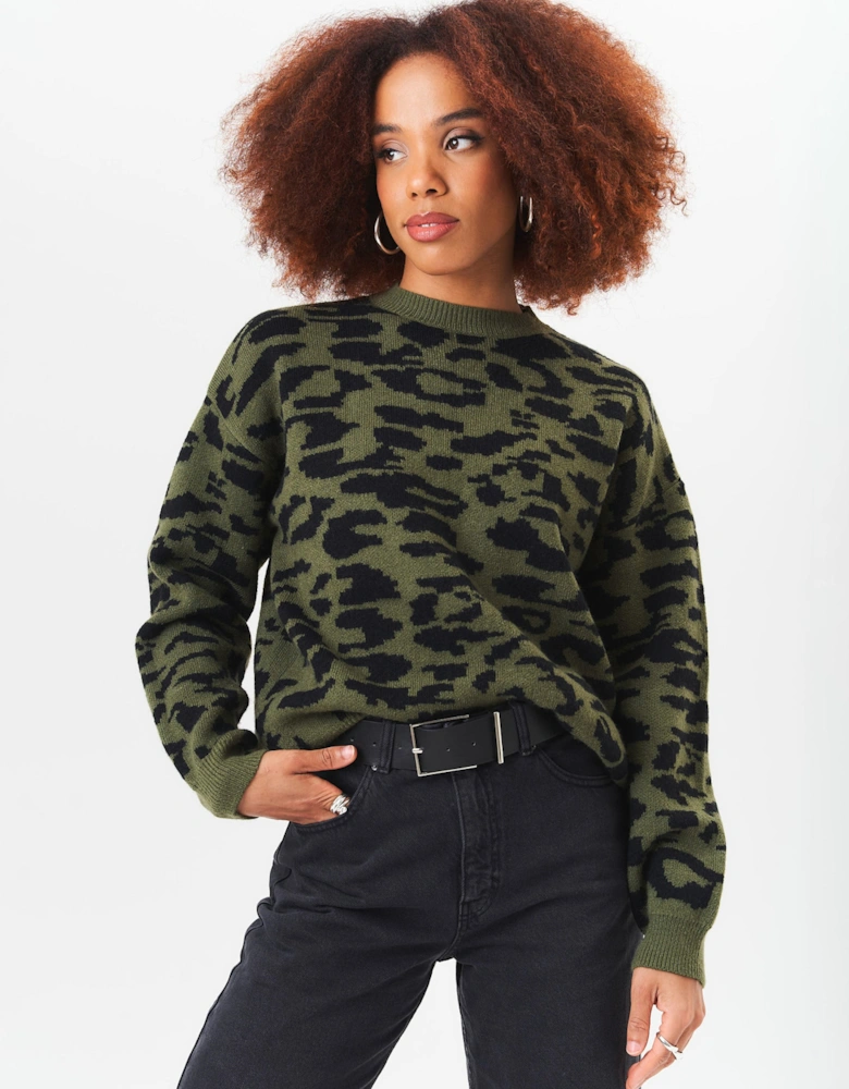 Khaki Animal Print Crew Neck Knit Jumper