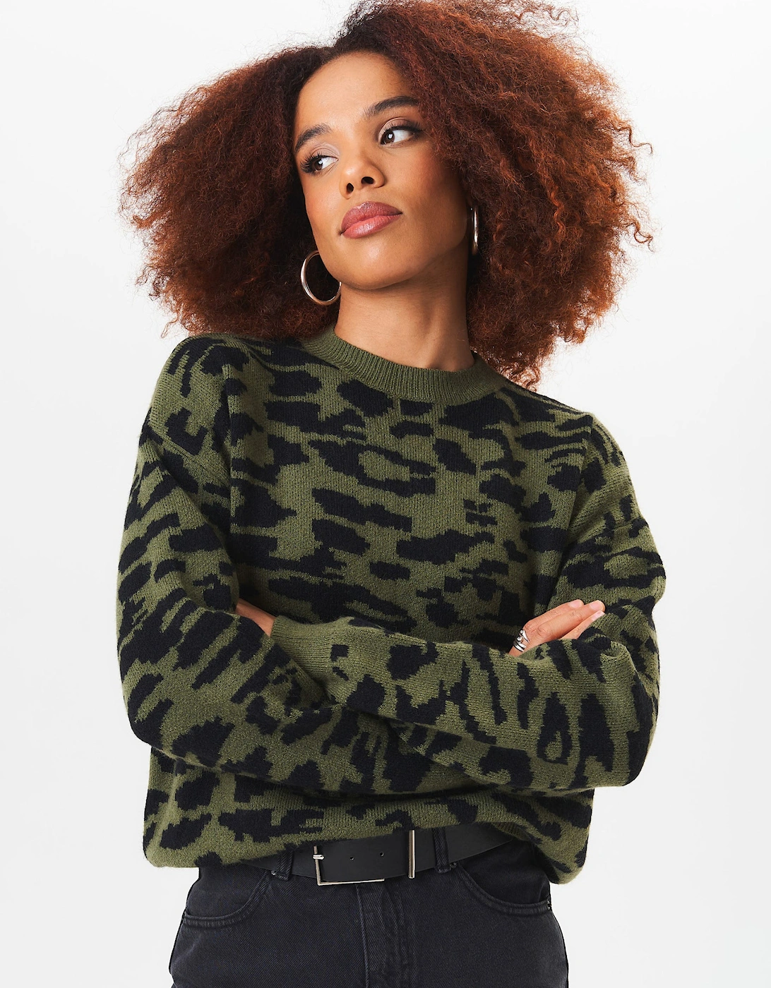 Khaki Animal Print Crew Neck Knit Jumper