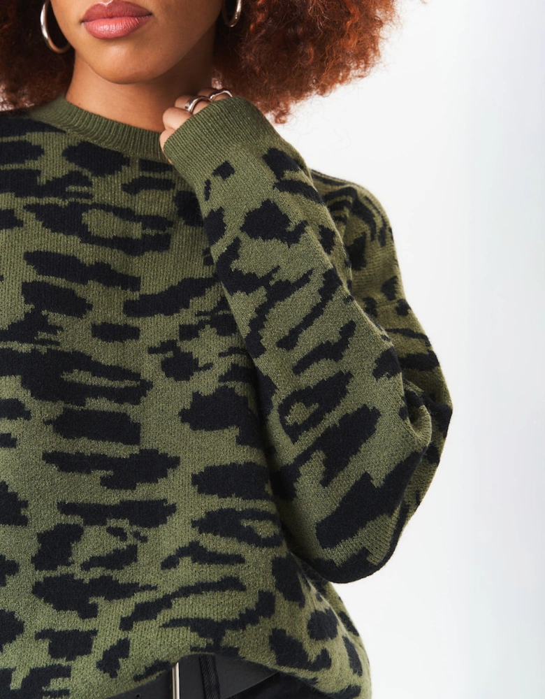 Khaki Animal Print Crew Neck Knit Jumper