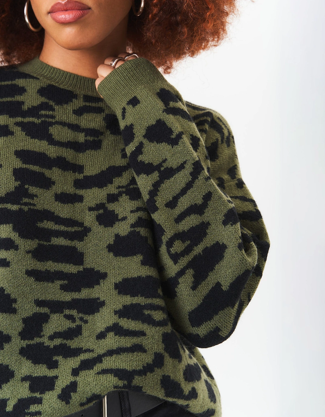 Khaki Animal Print Crew Neck Knit Jumper